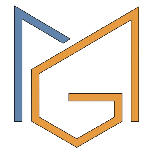 Logo costruito con lettera "M" e "G", colore celeste e arancione sta a indicare Marco Gallori Consulente Energetico Indipendente