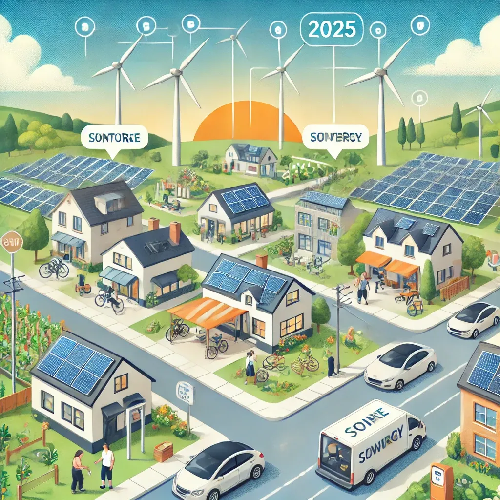 Comunità energetica del 2025 con case e aziende collegate a una rete intelligente che condivide energia da pannelli solari e turbine eoliche