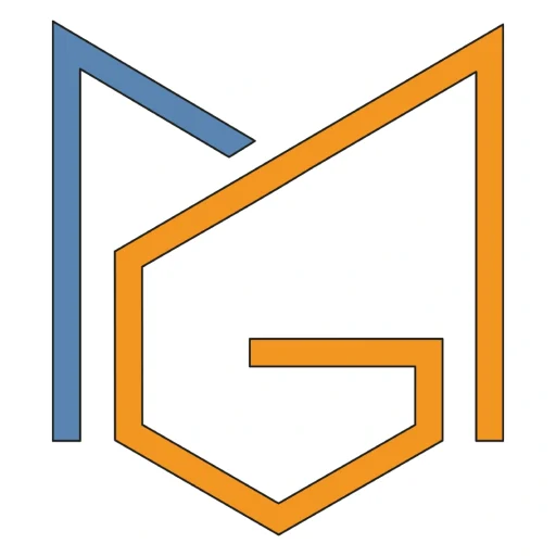 Logo costruito con lettera "M" e "G", colore celeste e arancione sta a indicare Marco Gallori Consulente Energetico Indipendente