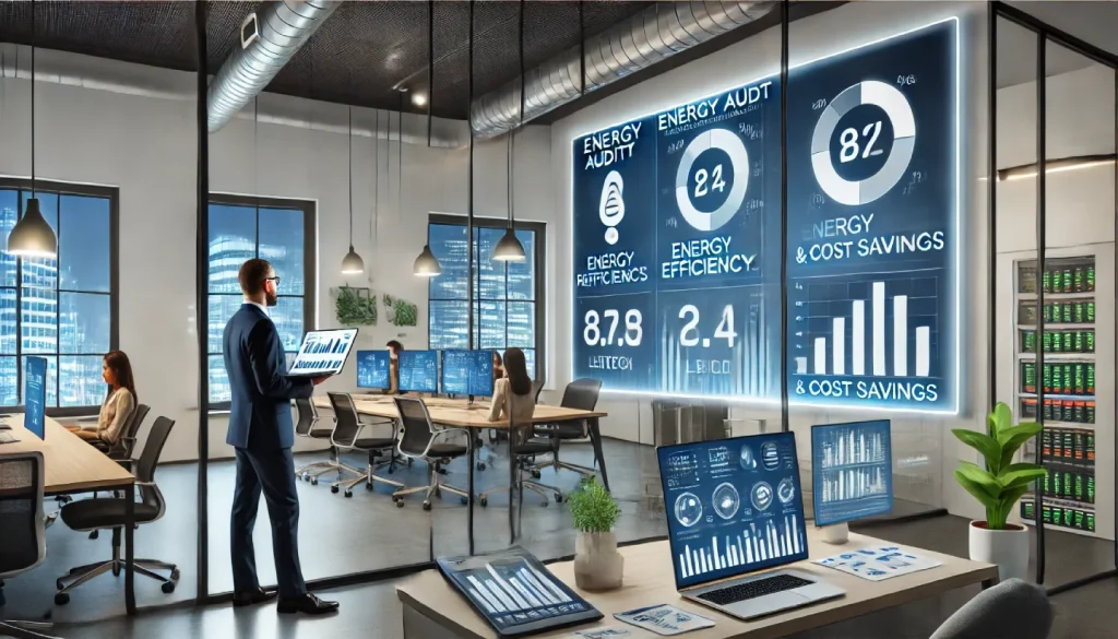 Un consulente analizza grafici e dati di efficienza energetica su un laptop in un ufficio moderno. Un display mostra il risparmio sui costi energetici.