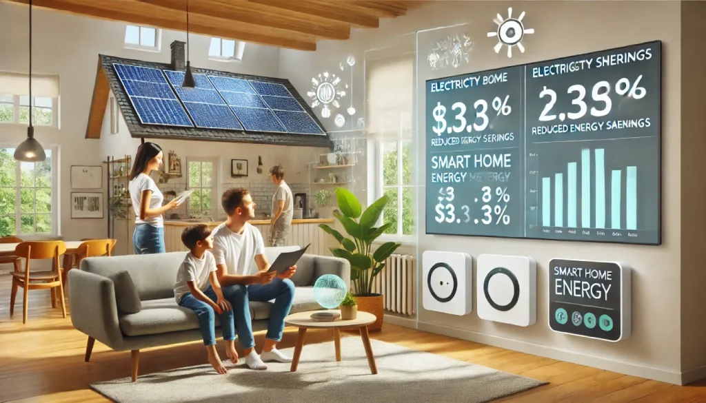 Famiglia che analizza il risparmio sulla bolletta elettrica dopo l’installazione di un impianto fotovoltaico. Un display digitale mostra i costi ridotti e la gestione intelligente dell’energia domestica.