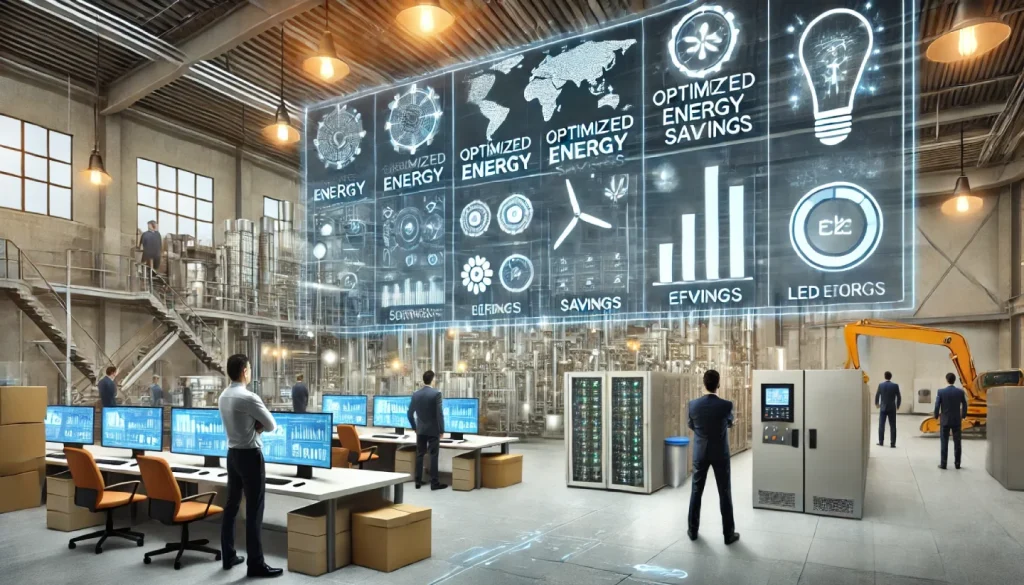 Stabilimento industriale con sistemi avanzati di gestione dell’energia. Pannelli digitali evidenziano il risparmio energetico, mentre ingegneri monitorano i consumi in una sala di controllo.