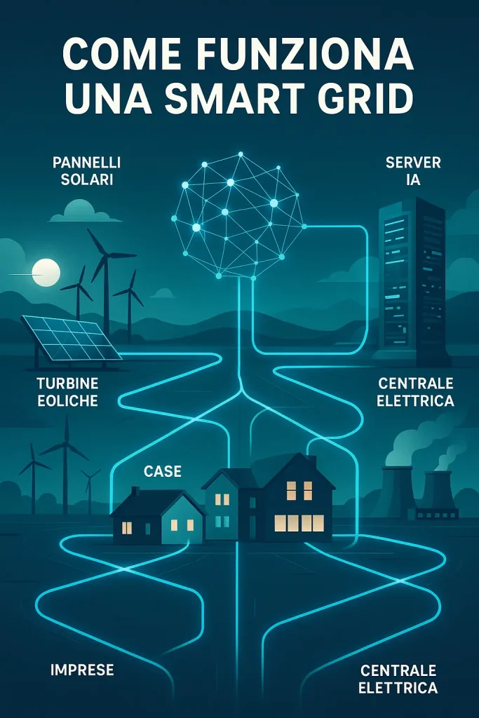 Rappresentazione realistica di una Smart Grid moderna con case, aziende e centrali collegate da flussi digitali blu e verdi.