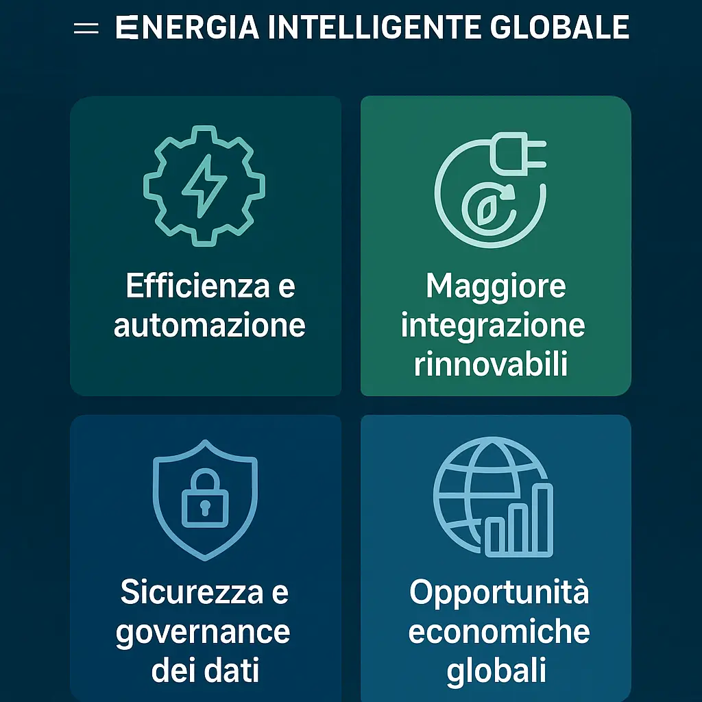 Infografica in italiano che riassume i vantaggi delle smart grid con intelligenza artificiale: efficienza, integrazione rinnovabili, sicurezza e opportunità economiche.