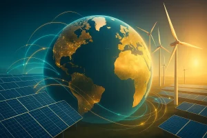 Globo terrestre con impianti solari ed eolici illuminati e connessioni digitali tra i continenti, simbolo della transizione energetica globale.
