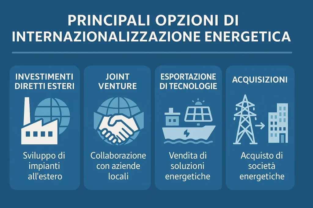 Infografica in italiano che riassume le tendenze globali delle energie rinnovabili al 2030: crescita solare ed eolica, digitalizzazione, decentralizzazione e nuove opportunità industriali.
