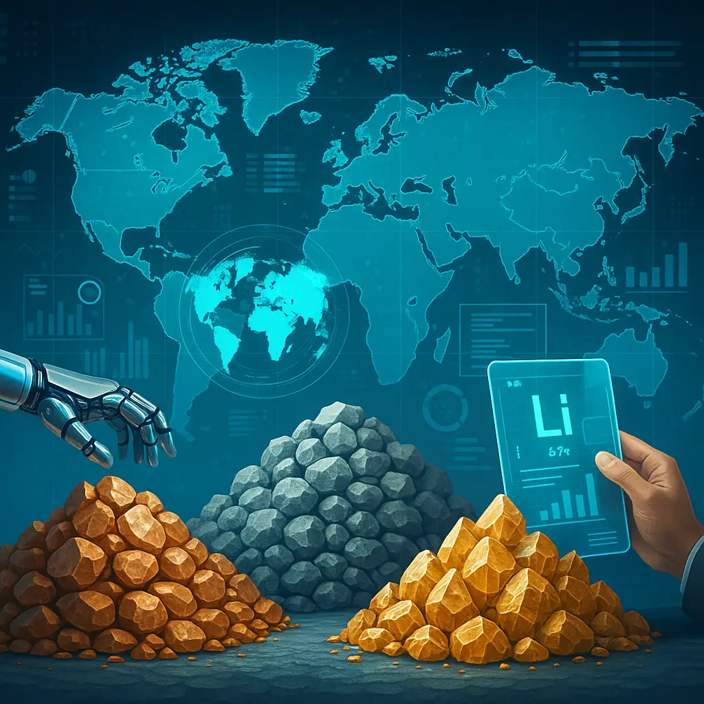 Pile di minerali come litio, rame e terre rare analizzate da mani robotiche con ologrammi e mappa mondiale illuminata sullo sfondo.