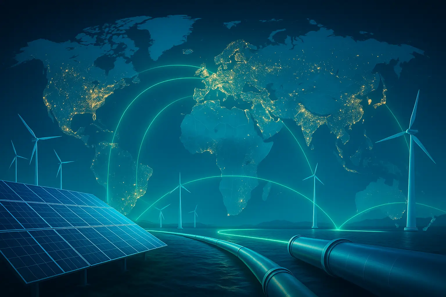 Mappa del mondo con connessioni energetiche luminose tra continenti, pannelli solari e turbine che rappresentano la transizione energetica globale.