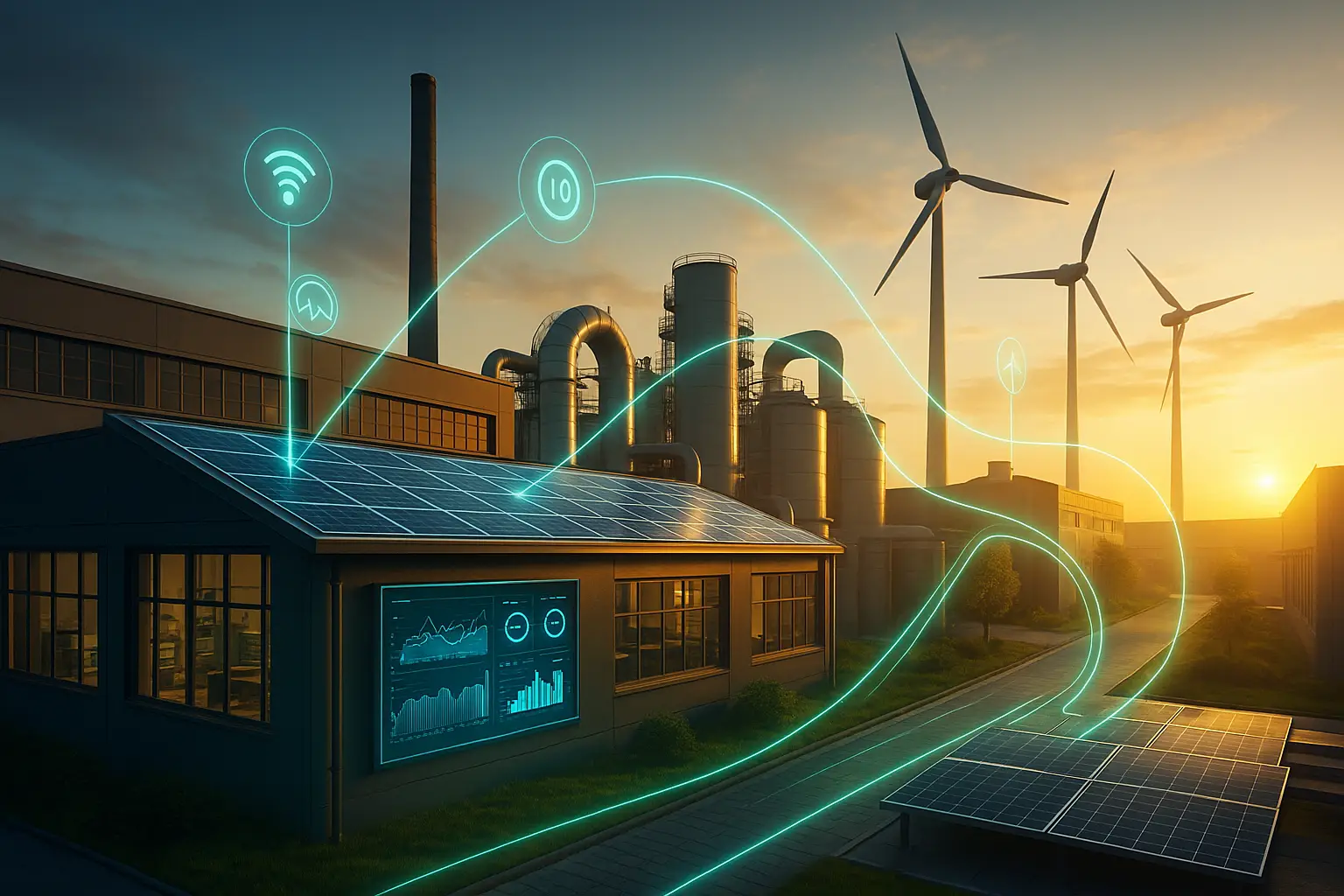 Impianto industriale moderno con turbine, sensori IoT e pannelli solari che rappresentano l’efficienza energetica aziendale del futuro.
