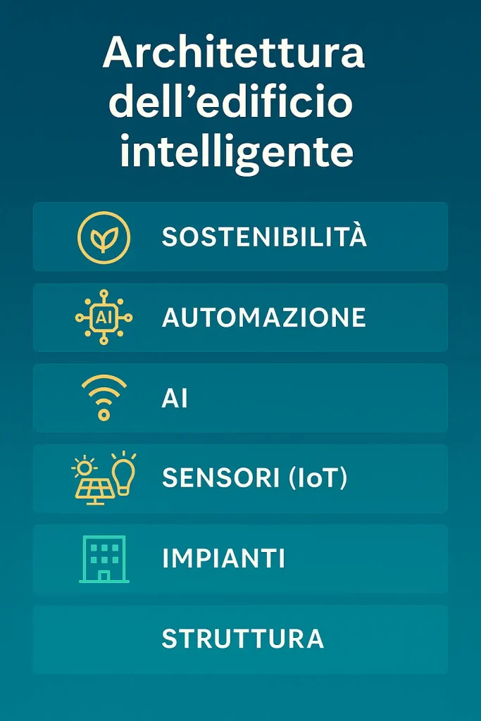 Infografica in italiano con i livelli funzionali di uno Smart Building: impianti, sensori IoT, AI, automazione e sostenibilità.