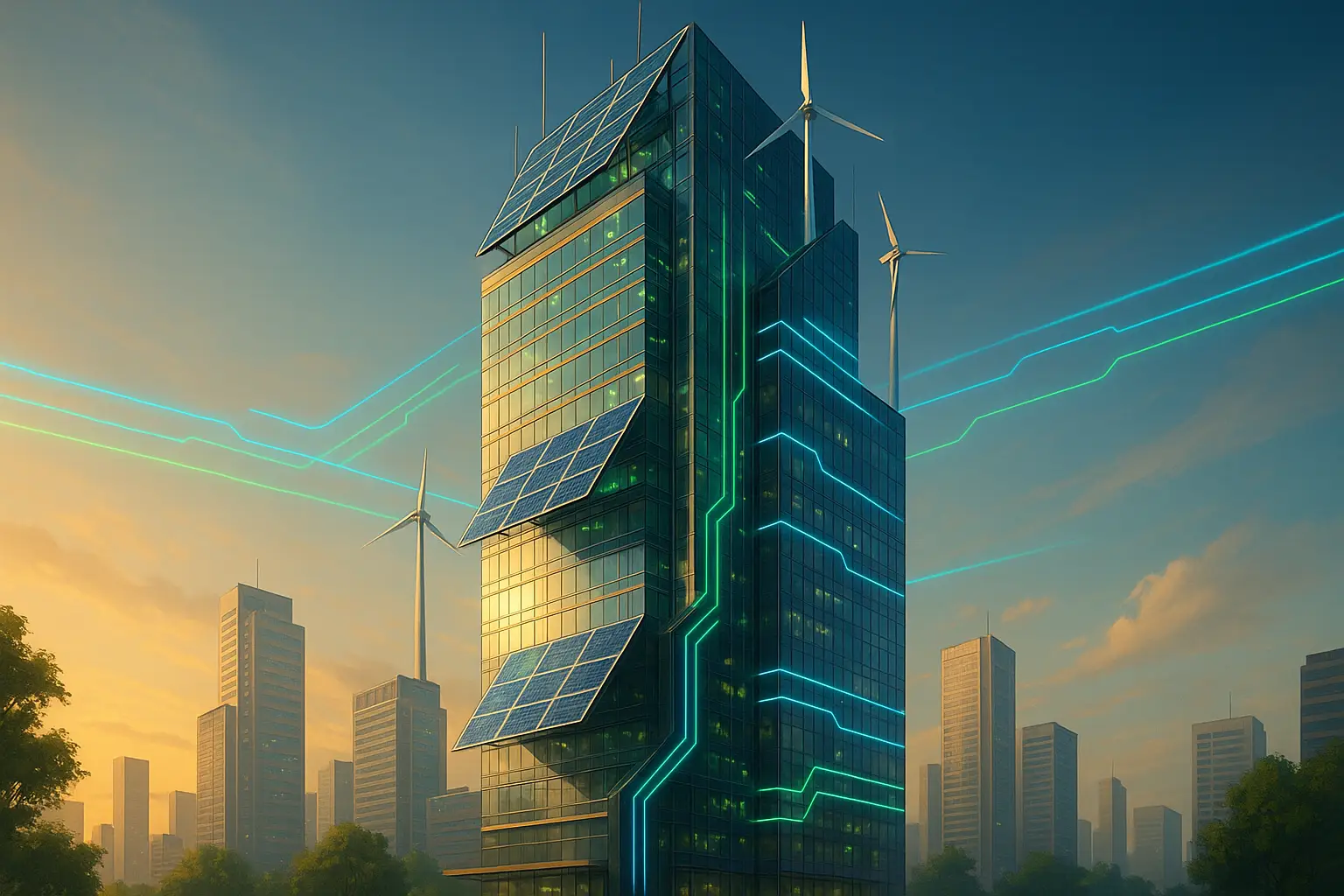Grattacielo moderno con pannelli solari, turbine verticali e flussi energetici digitali blu-verdi che rappresentano uno Smart Building.