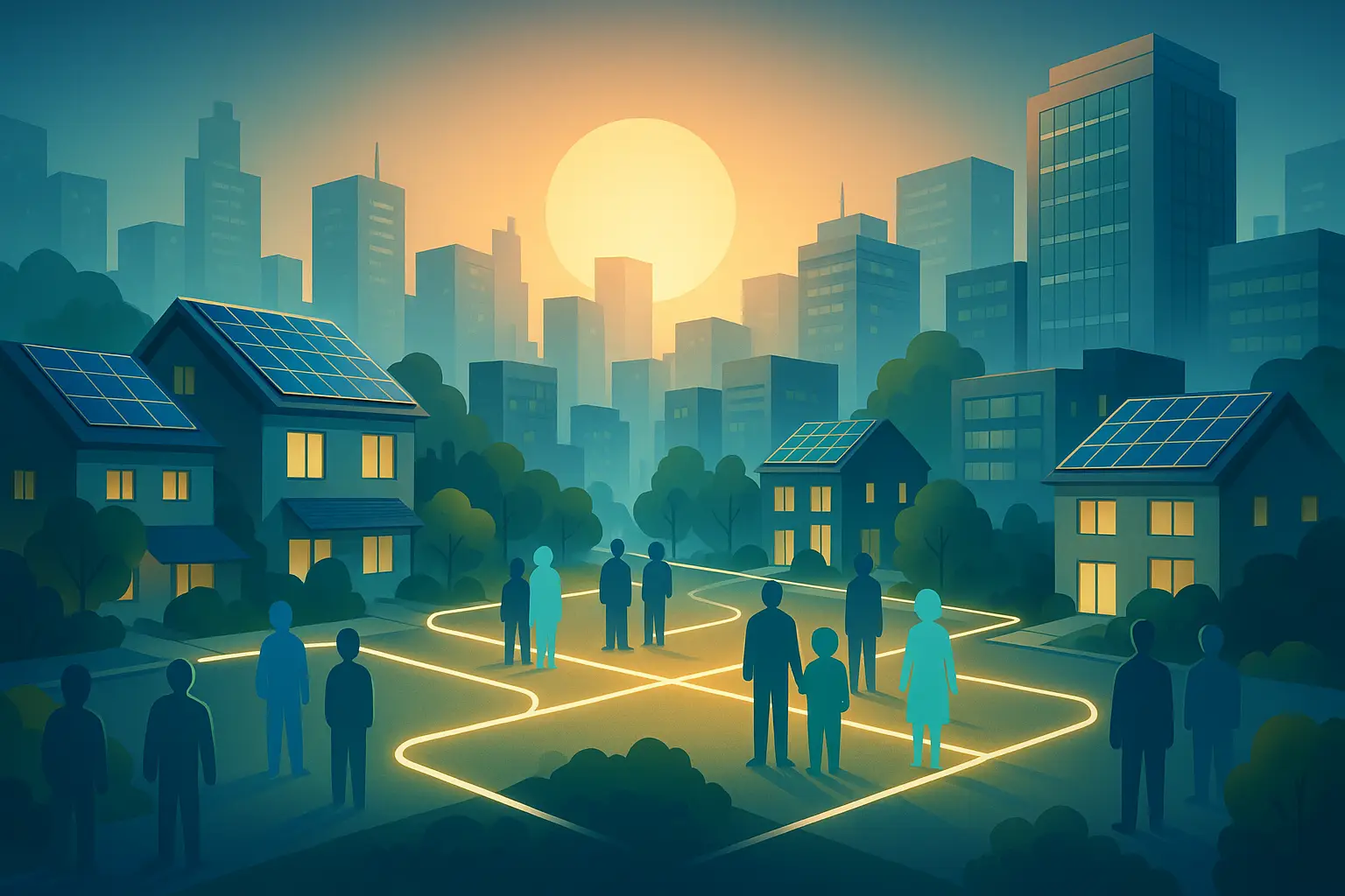 Quartiere moderno con pannelli solari sui tetti e linee luminose blu e verdi che collegano abitazioni e aziende in una rete energetica condivisa.
