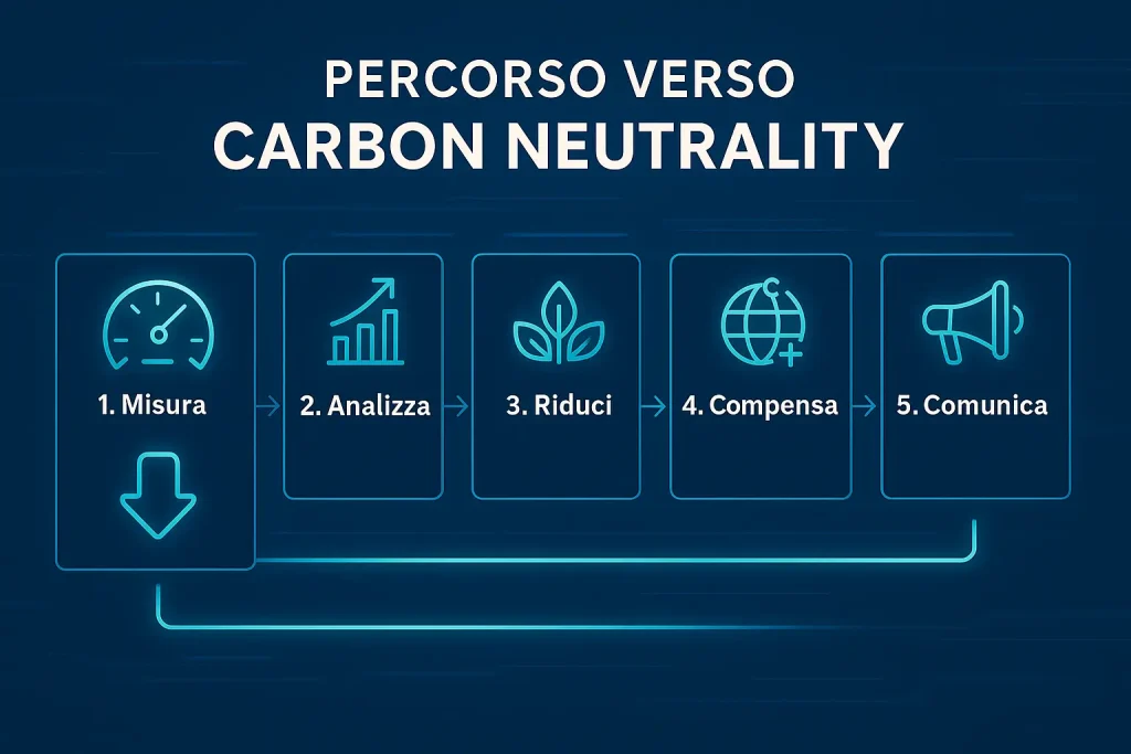 Infografica in italiano che illustra le cinque fasi del percorso aziendale verso la Carbon Neutrality: misurare, analizzare, ridurre, compensare e comunicare.