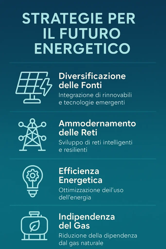 Edificio aziendale moderno circondato da alberi e pannelli solari, con linee verdi e blu che simboleggiano energia pulita e sostenibilità.