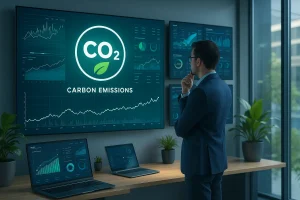 Manager in un ufficio moderno osserva su schermi digitali grafici sulle emissioni di CO₂ e consumi energetici aziendali.