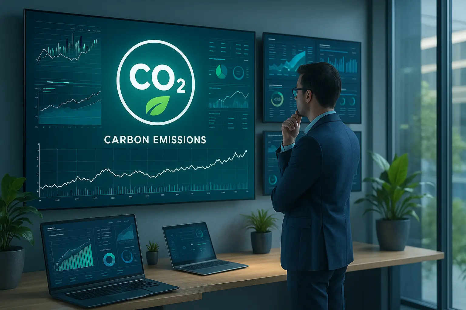 Manager in un ufficio moderno osserva su schermi digitali grafici sulle emissioni di CO₂ e consumi energetici aziendali.