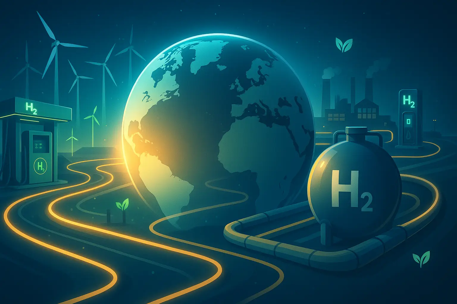 Globo terrestre con infrastrutture di idrogeno verde, pipeline luminose e stazioni di rifornimento H₂ con atmosfera tecnologica blu-verde.