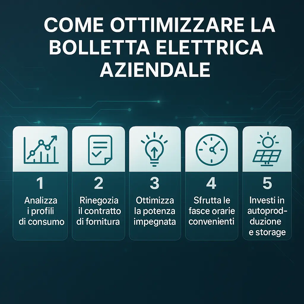 Infografica in italiano con cinque strategie per ottimizzare la bolletta elettrica aziendale: analisi consumi, rinegoziazione, potenza, fasce orarie, autoproduzione.