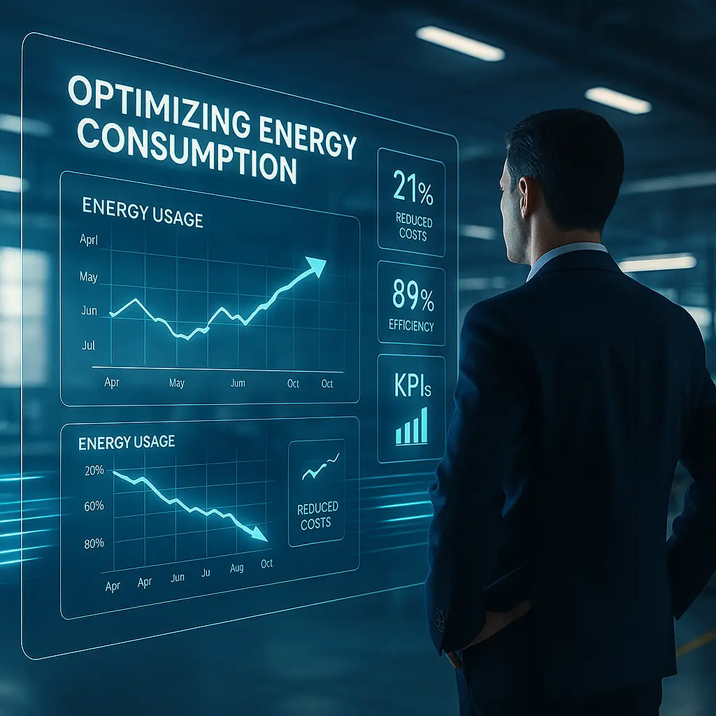 Tecnico in azienda moderna che osserva una dashboard digitale con grafici di consumo e indicatori di efficienza energetica.
