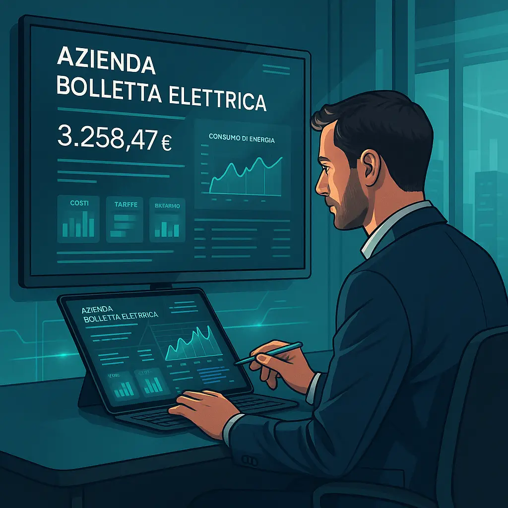 Consulente energetico davanti a un grande schermo digitale che mostra le sezioni di una bolletta elettrica aziendale con grafici colorati.